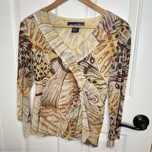 Y2K Russell Kemp Butterfly All Over Print Mirco Mesh Babydoll Asymmetrical Top S